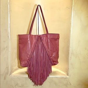 Steven-Wine Leather Tote with Fringe